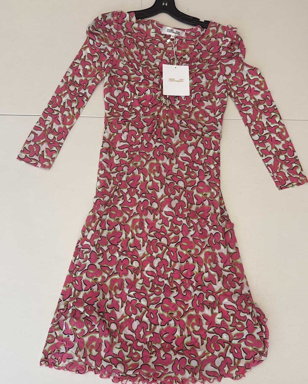 Diane von Furstenberg Pink Merlot Printed Mesh Dress Size S Ruched V-Neck Mini